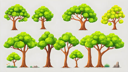 Fototapeta premium Cartoon tree vector set, collection of trees image with dense green leaves, natural tree plant design element for forest or garden. Generative AI