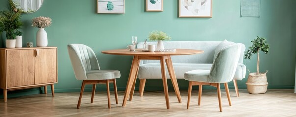 Mint color chairs at round wooden dining table in room with sofa and cabinet near green wall. Scandinavian, mid-century home interior design of modern living room.