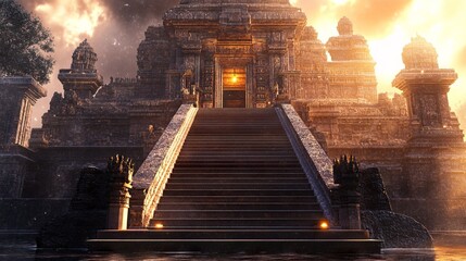 3D Illustration of an Indian Temple with Grand Staircase at Evening - Realistic Lighting.AI generated illustration