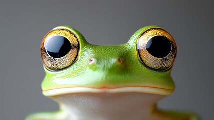 A close up of a green frog with big eyes