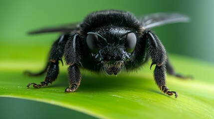 A close up of a black bee on a green leaf