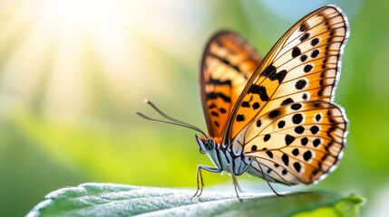 Obraz premium A butterfly sitting on top of a green leaf