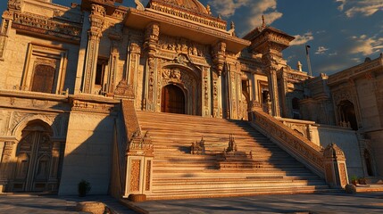 3D Illustration of an Indian Temple with Grand Staircase at Evening - Realistic Lighting.AI generated illustration