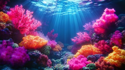 3D Render of a Colorful Coral Reef with Glowing Anemones and Sea Lions - Cinematic Underwater Scene. AI generated illustration