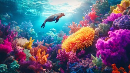 3D Render of a Colorful Coral Reef with Glowing Anemones and Sea Lions - Cinematic Underwater Scene. AI generated illustration