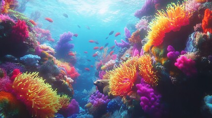 3D Render of a Colorful Coral Reef with Glowing Anemones and Sea Lions - Cinematic Underwater Scene. AI generated illustration