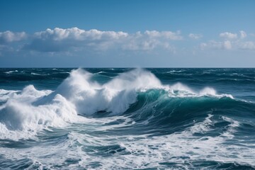 there is a large wave in the ocean with a sky background