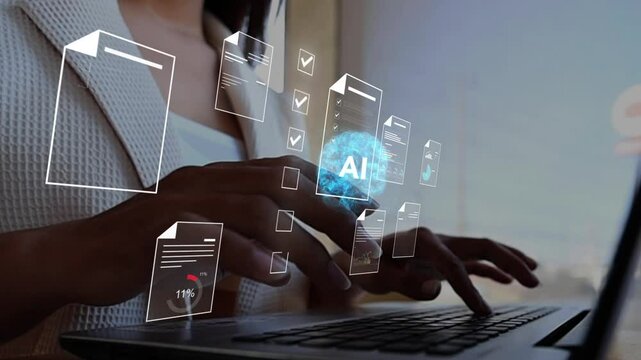 business woman uses brain AI artificial intelligence brain on file documents big data matrix Animation Big Data Processing, Science, Generative technology, commands, prompts, learning
