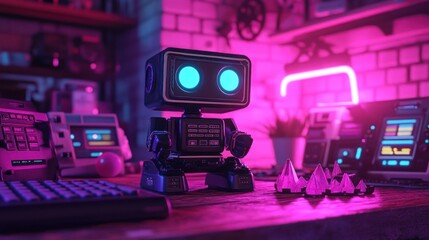 Retro robot in a vibrant 80s-style room.