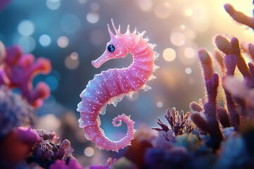 3D Render of a Cute Pink Seahorse in a Vibrant Coral Reef with Bokeh Effect. AI generated illustration