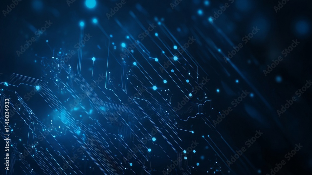 Poster dynamic blue digital background featuring lines and glowing dots representing technology and innovat