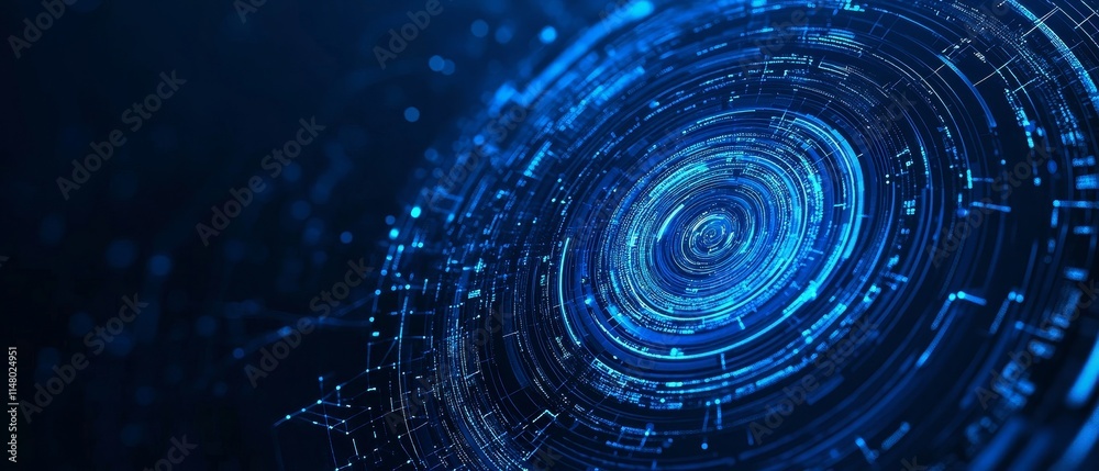 Poster digital patterns create an intricate blue vortex representing technology and innovation in a futuris