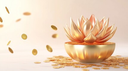 3D Render of a Golden Lotus in a Pot with Flying Coins - Chinese New Year Celebration. AI generated illustration
