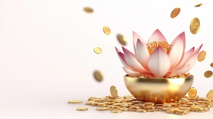 3D Render of a Golden Lotus in a Pot with Flying Coins - Chinese New Year Celebration. AI generated illustration