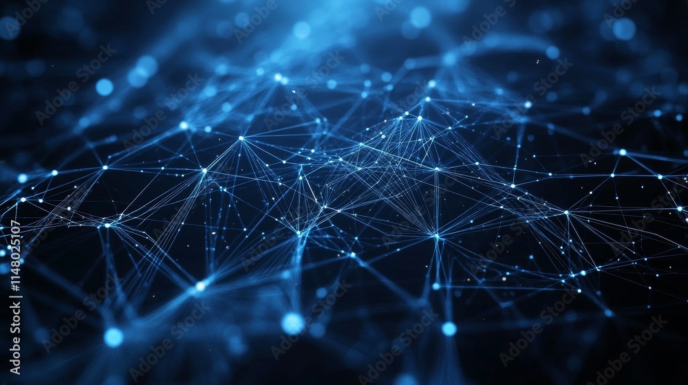 Poster complex network of interconnected nodes illuminated in blue light, showcasing the intricacies of dig
