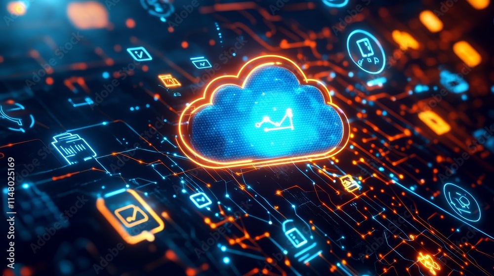 Poster cloud computing technology represented by glowing abstract icons and network patterns showcasing dig