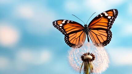 Obraz premium A butterfly sitting on top of a dandelion with a blue sky in the background
