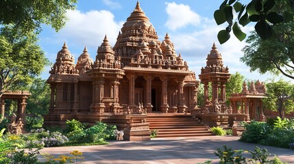3D Render of a Hindu Temple Exterior with Red Sandstone Walls and Gopuram. AI generated illustration