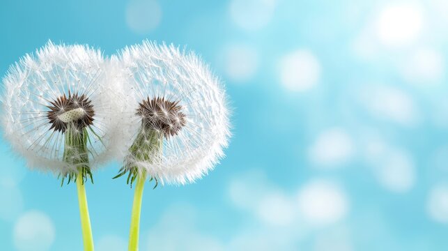 A close up of two dandelion seeds blowing in the wind
