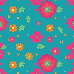 Obraz premium Tropical Floral Burst: A vibrant and energetic seamless pattern featuring a multitude of pink, orange, and yellow flowers on a teal background.
