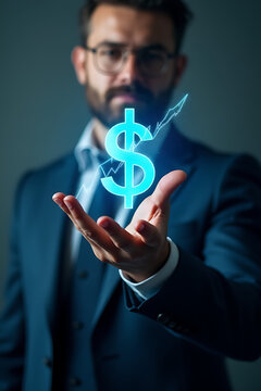 A businessman holds up a virtual hologram of increasing stock value, symbolizing successful investment and business growth._00003_