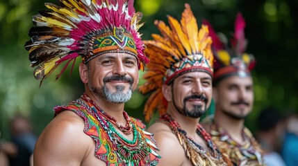 Fototapeta premium Three smiling men in vibrant traditional headdresses and jewelry.