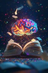 3DRendering of a Colorful, Glowing Brain on a Stack of Open Books with Pages Flying Out. AI generated illustration