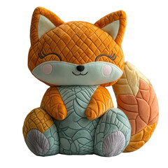 Orange-brown plush fox toy with quilted vest, transparent PNG for children's items decor
