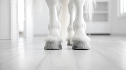  A close up of a horse's hooves on a wooden floor