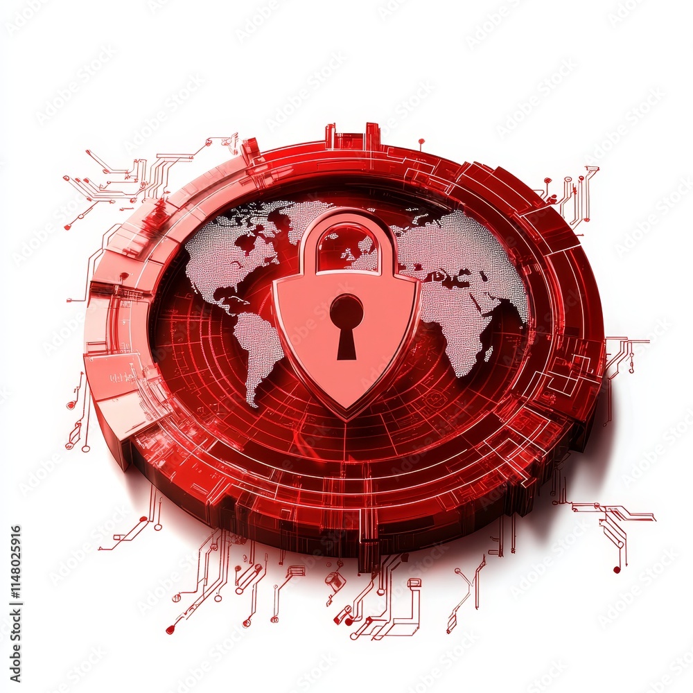 Poster global digital security concept with a red padlock over a world map and circuit patterns representin