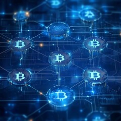 Fototapeta premium A blue digital background featuring a world map with interconnected Bitcoin symbols, representing the global spread of blockchain technology 