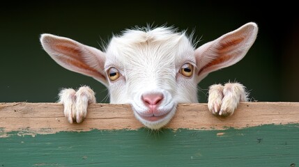 Obraz premium A baby goat peeking over a wooden fence