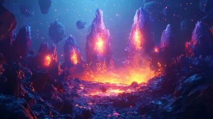 3D Rendering of a Lava Landscape with Glowing Crystals and Fire Elements. AI generated illustration