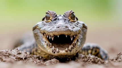 Obraz premium A close up of an alligator with its mouth open in the mud