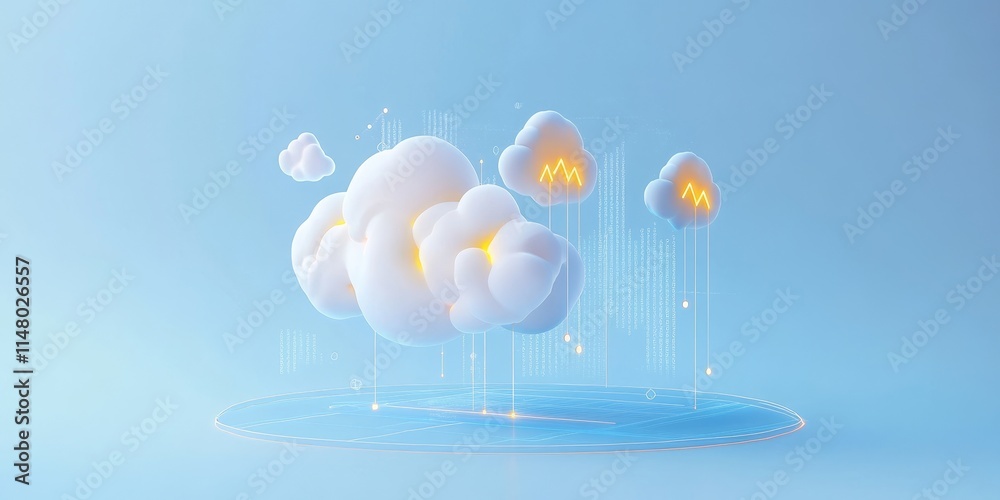 Poster digital representation of clouds with glowing elements and data visuals in a bright blue environment