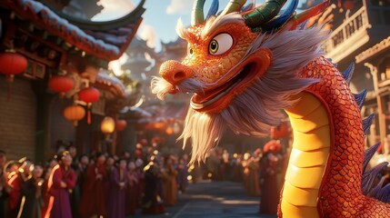 Colorful Dragon Dance in the City Square with Traditional Architecture. AI generated illustration