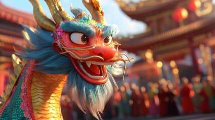 Colorful Dragon Dance in the City Square with Traditional Architecture. AI generated illustration