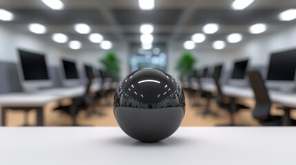 Modern Office Interior  Sleek Desks  Ergonomic Chairs  Computer Workstations  Abstract Sph