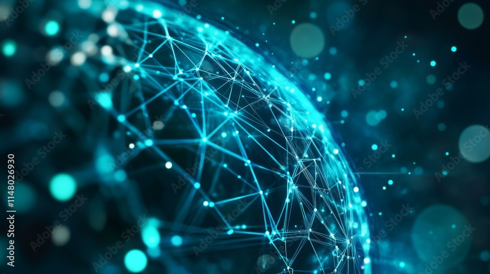 Poster abstract representation of a digital globe with interconnected nodes illuminating the network in blu