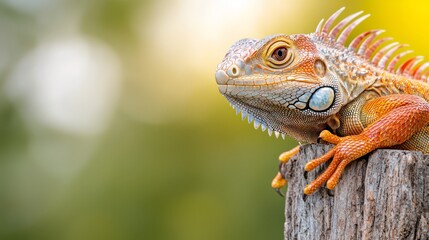 Fototapeta premium An orange iguana sitting on top of a wooden post