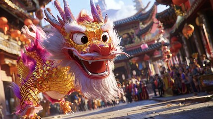Colorful Dragon Dance in the City Square with Traditional Architecture. AI generated illustration