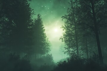 Fototapeta premium Ethereal night in a misty forest illuminated by glowing lights and soft moonlight