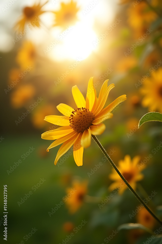 Poster a blurred bokeh of a tree garden flower with a sunny flare of light in the morning background._00002