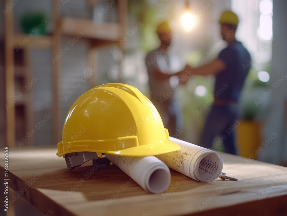 Poster yellow hardhat and blueprints on table, two men shaking hands in the background.