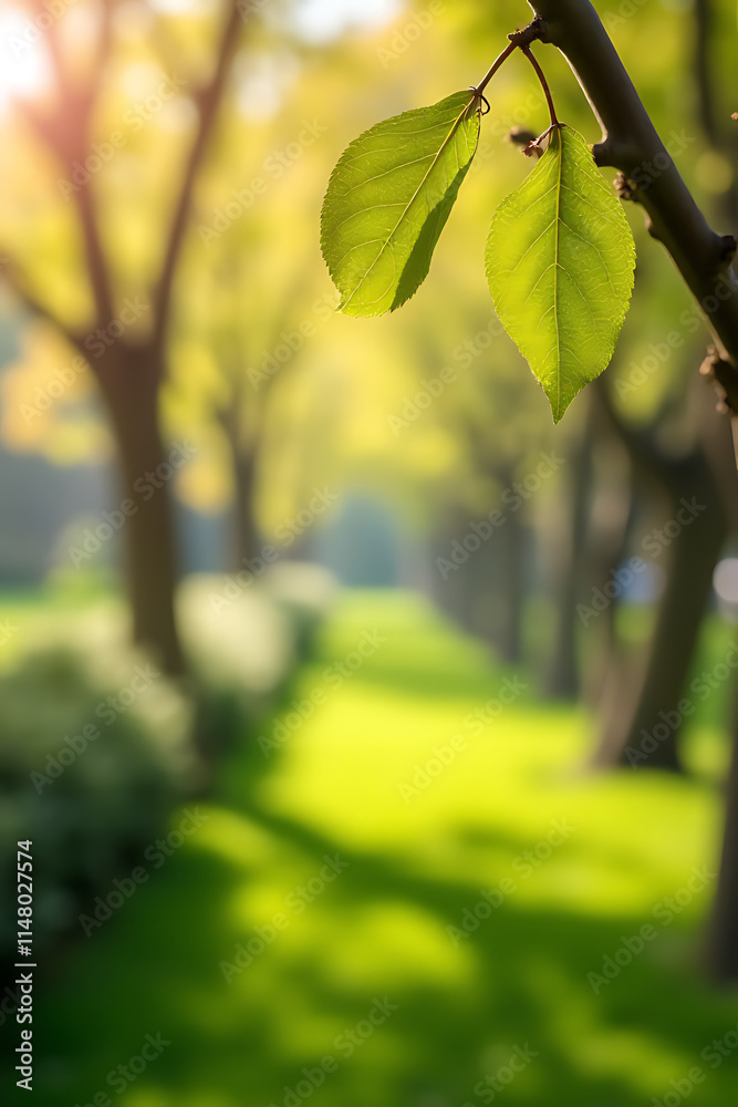 Aufkleber a blurred bokeh effect features a lush tree garden in a serene morning backdrop of vibrant spring or