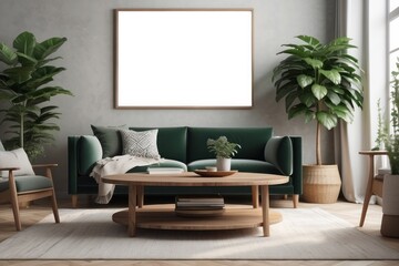 Wooden coffee table in elegant living room interior with vintage armchair, green plant in pot and poster in frame