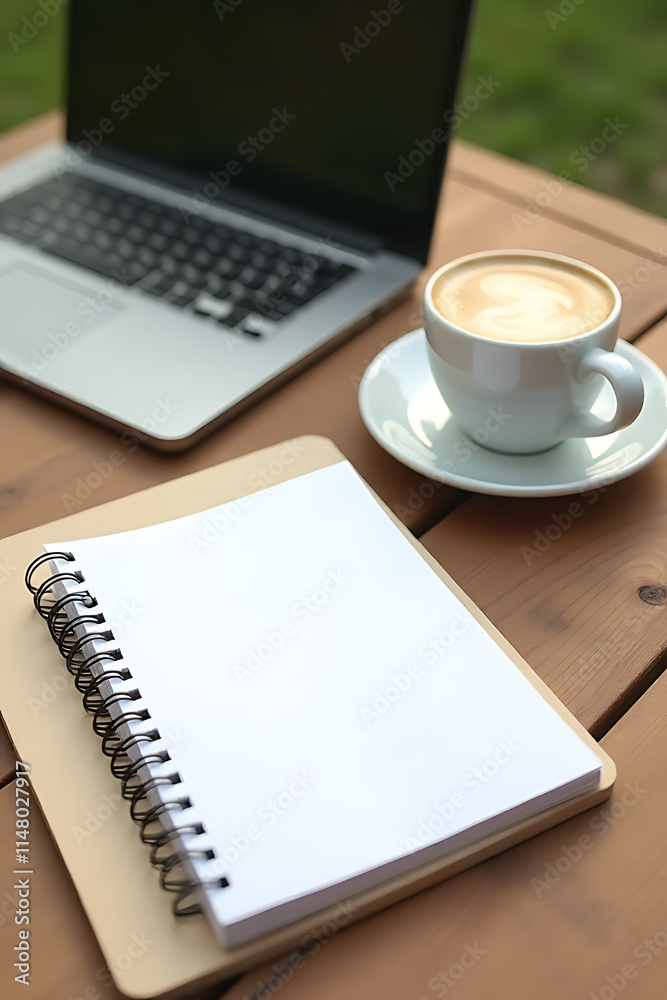 Poster a blank white notepad sits next to a cup of coffee on a wooden table in a business flat lay setting 