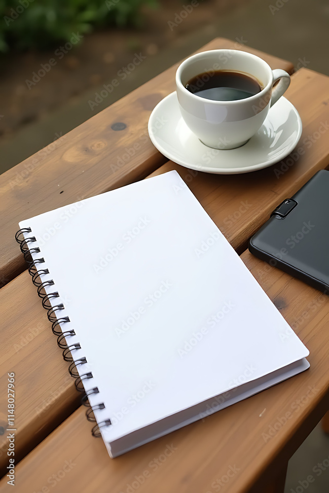 Poster a blank white notepad sits next to a cup of coffee on a wooden table in a business flat lay setting 