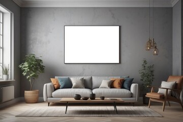 Retro style in beautiful living room interior with grey empty wall