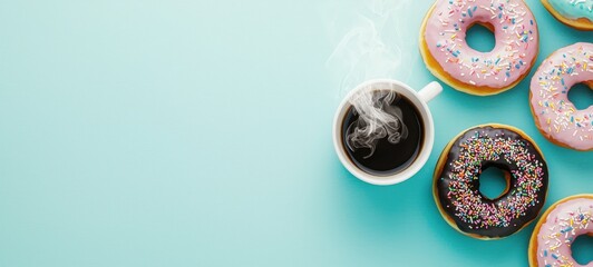 Fototapeta premium Savoring fresh donuts and coffee cozy culinary delight inviting atmosphere top-down view bright and cheerful experience